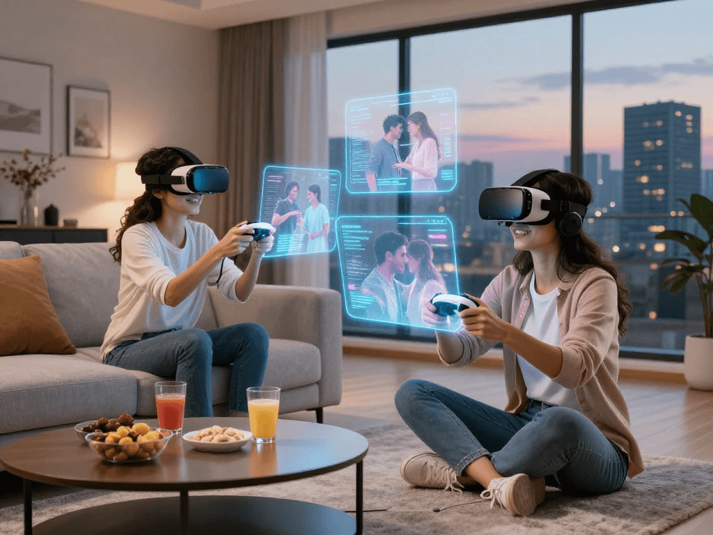 Couple using sex AI technology in a modern living room, engaging with holograms.