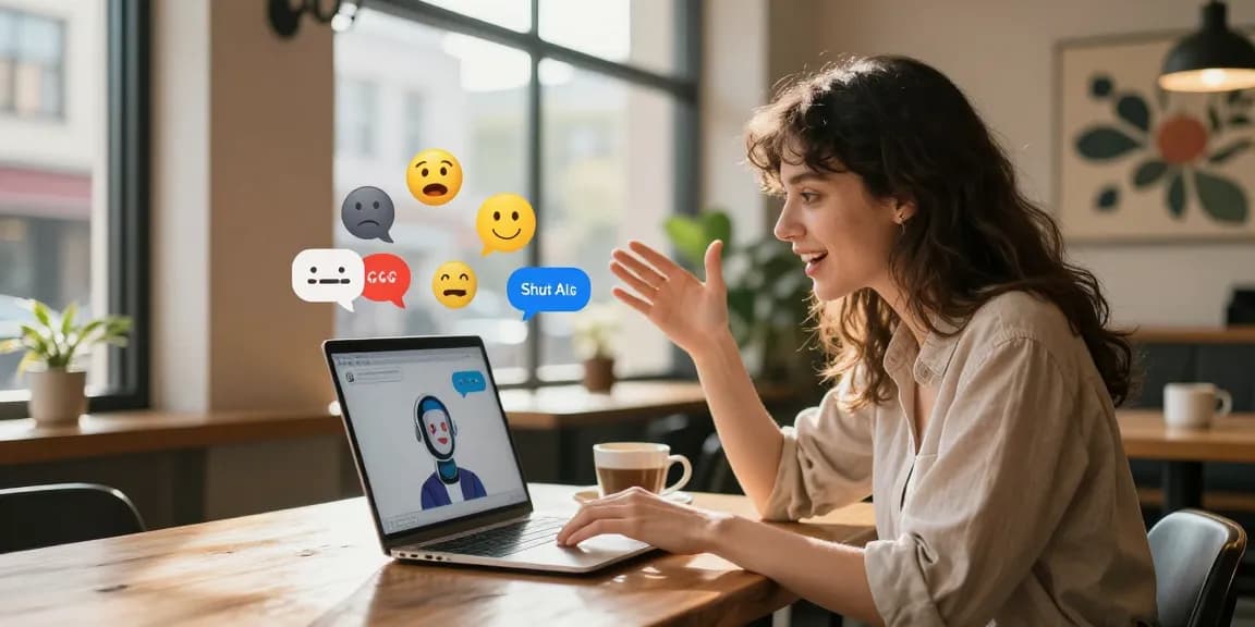 Your emotional connection with spicy chat AI in a vibrant café, featuring an engaging chat on the laptop.