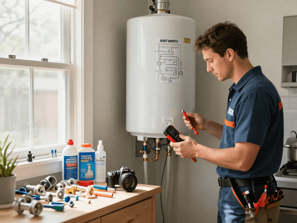 Expert plumber Fort Worth evaluating water heater installation, showcasing professional service atmosphere.