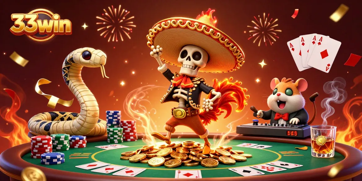 Experience a lively celebration at 33win with a mariachi rooster and a DJ hamster amidst poker action.