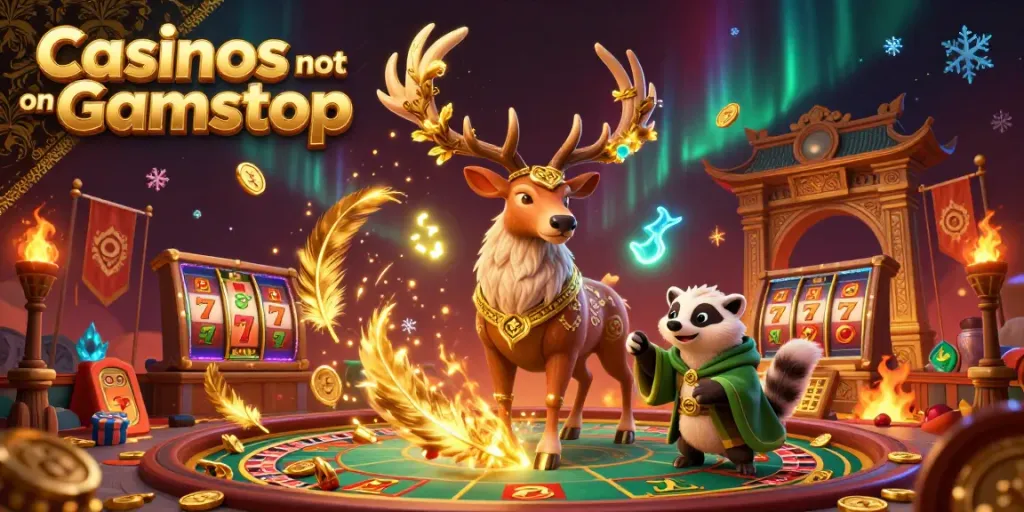 Experience exciting gaming at Casinos not on Gamstop with a magical druid stag and vibrant casino elements.