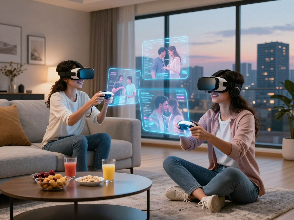 Couple using sex AI technology in a modern living room, engaging with holograms.
