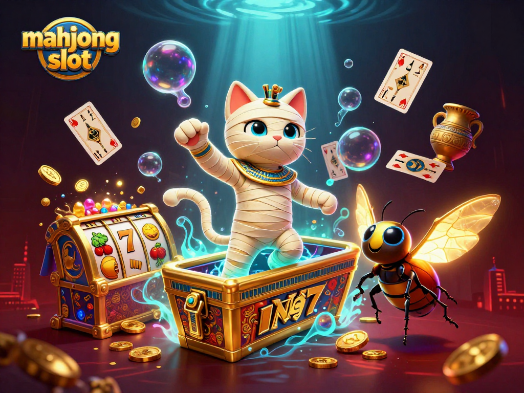 Engage in the exciting mahjong slot experience with animated characters amid vibrant casino elements.