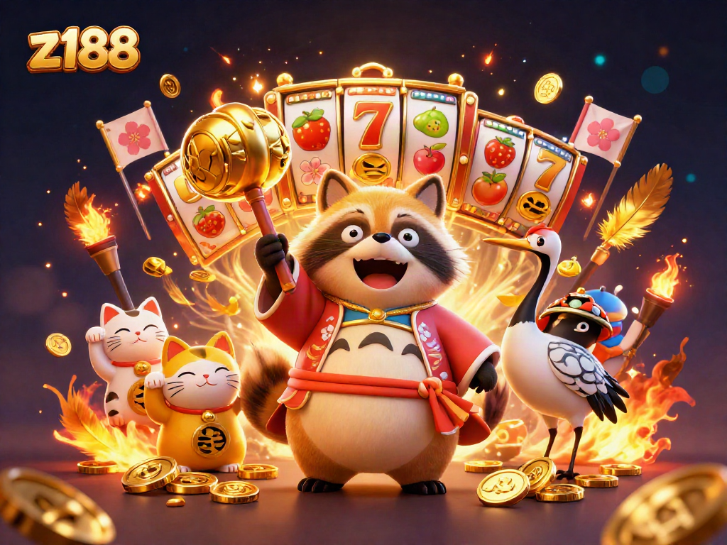Spin the reels with z188's vibrant casino scene featuring playful tanuki and lucky elements.