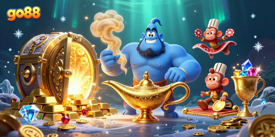 Win big at go88 with a magical casino scene featuring a genie, treasures, and poker chips.