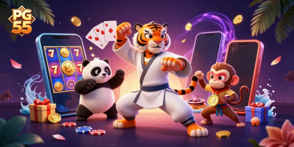 Engaging PG 55 casino illustration showcasing a tiger master with panda disciple and a playful monkey amidst vibrant slot games and colorful elements.