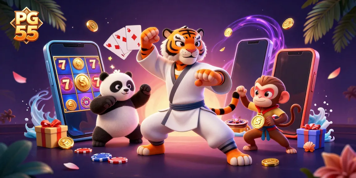 Engaging PG 55 casino illustration showcasing a tiger master with panda disciple and a playful monkey amidst vibrant slot games and colorful elements.
