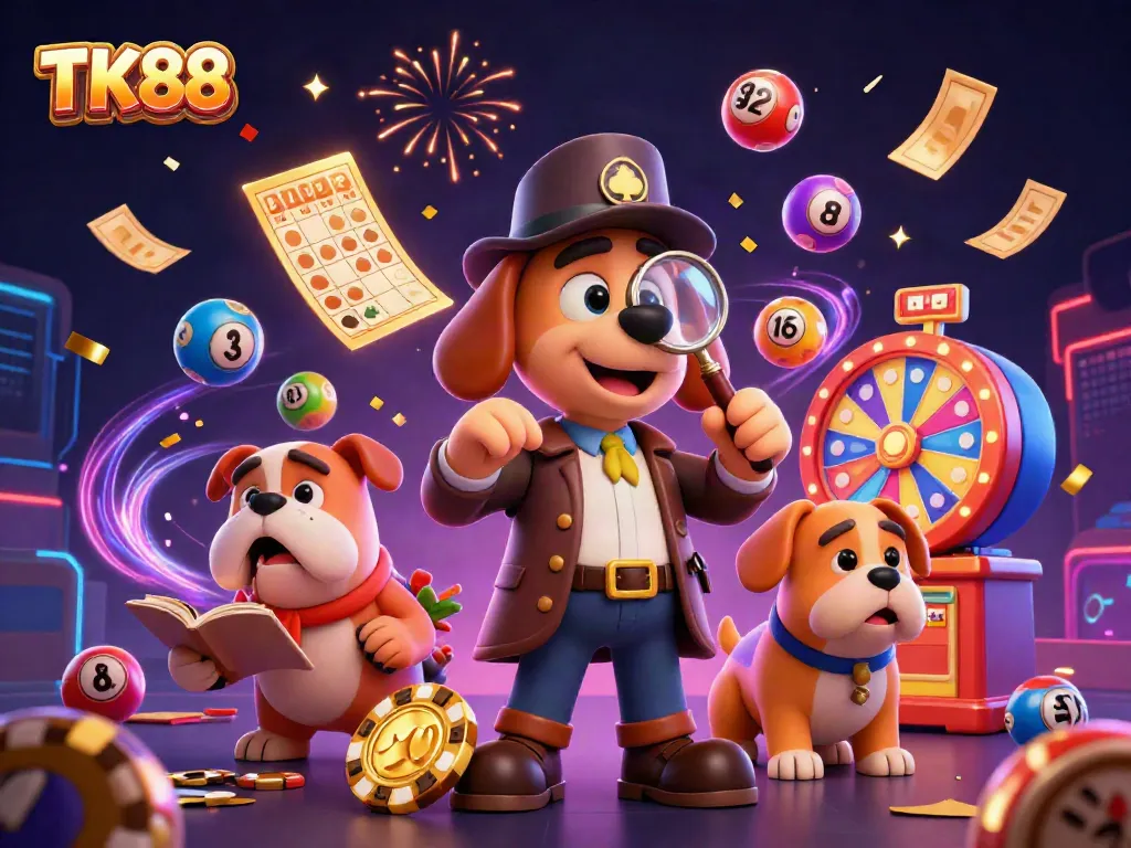 Win big with TK88 casino games featuring vibrant lottery elements and animated characters
