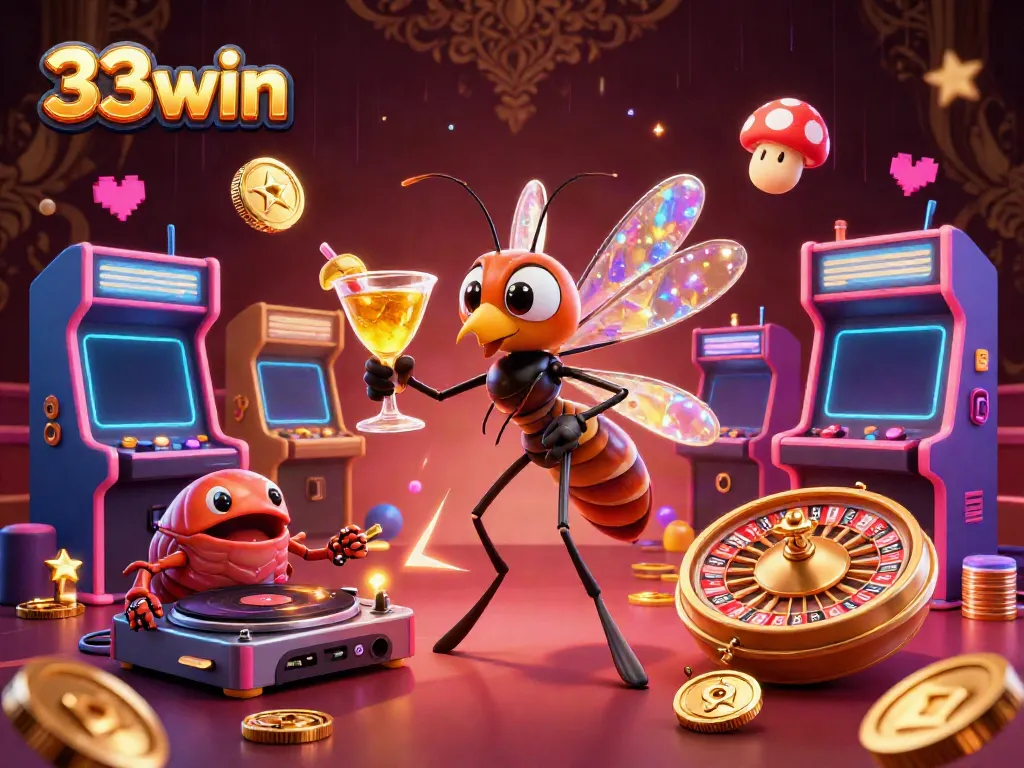 Engage in thrilling games at 33win with vibrant visuals of a lively casino mascot and games.