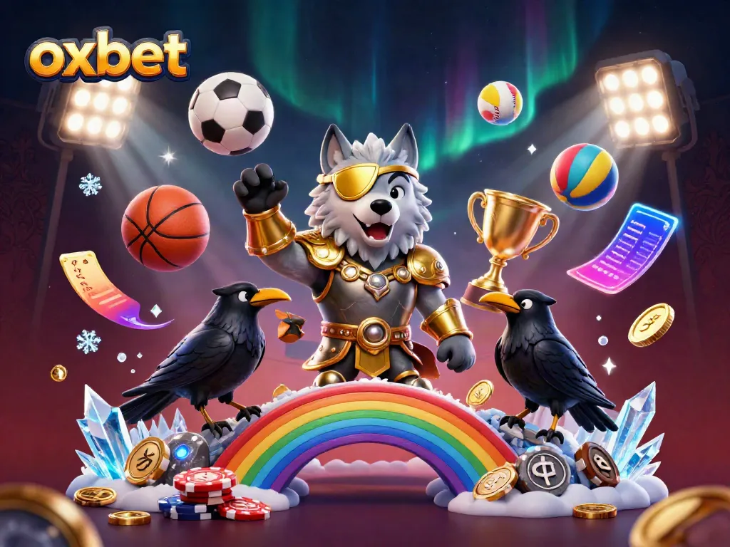 Experience oxbet with a vibrant illustration featuring Odin and ravens on a casino chip rainbow bridge.