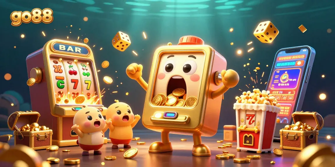 Spin and win at go88 with a vibrant and festive 3D slot machine jackpot scene.