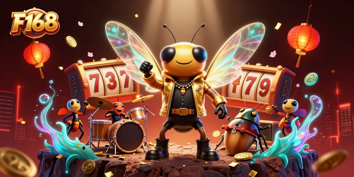 F168 captures the thrill of winning in a vibrant 3D illustration of a casino scene with slot reels and lively characters.