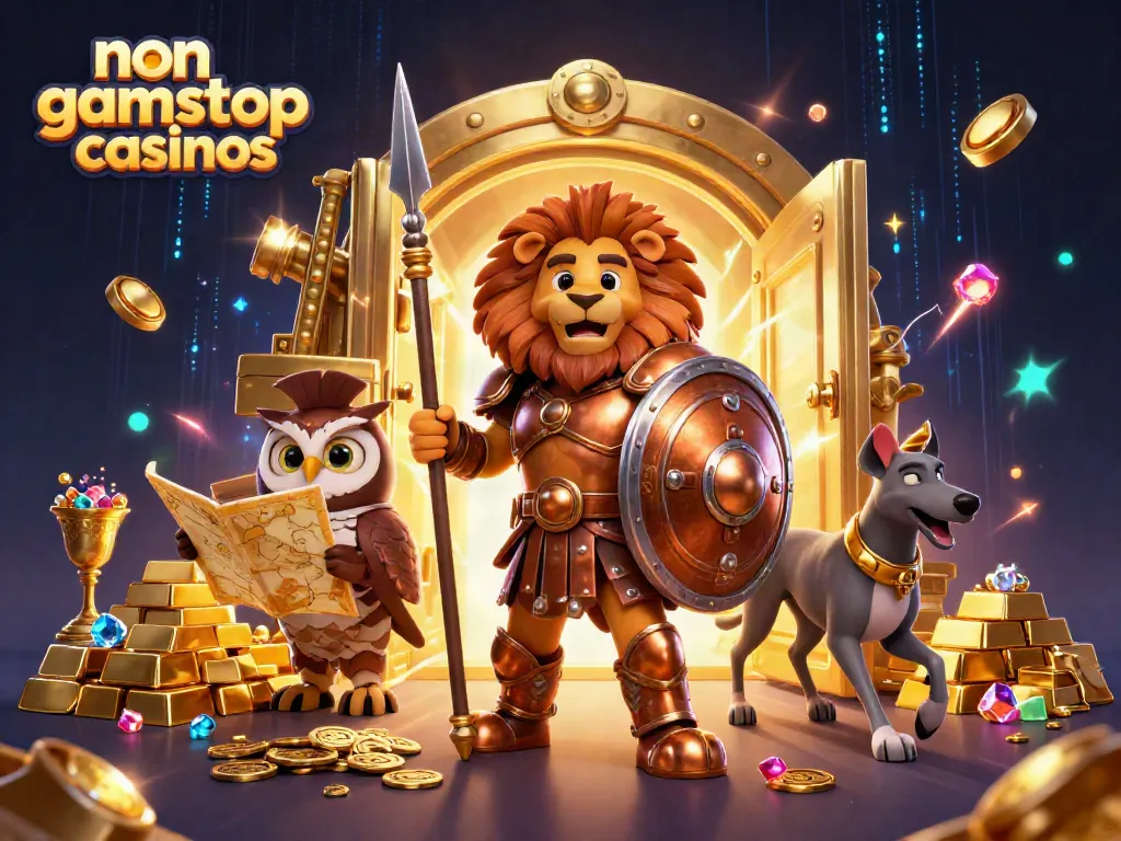 Engage with non gamstop casinos through a vibrant scene featuring armored lion and treasures.