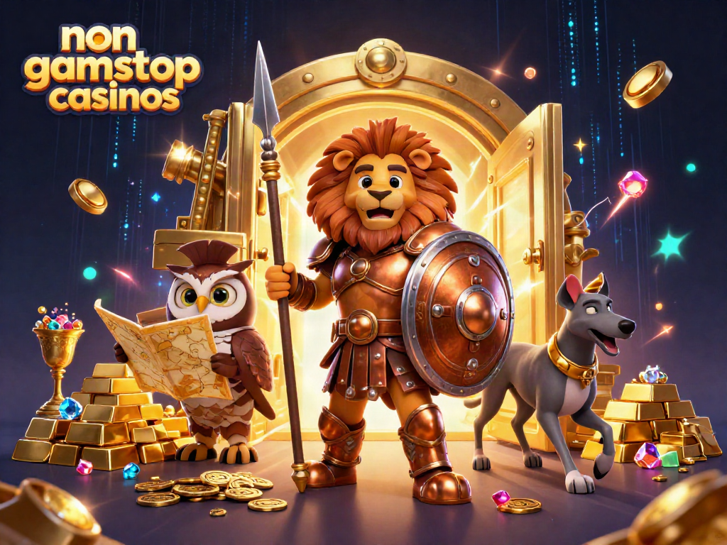 Engage with non gamstop casinos through a vibrant scene featuring armored lion and treasures.
