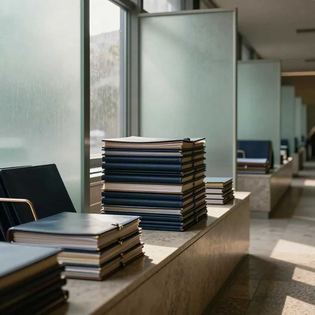 Rain-lit recruitment lobby with portfolio cases, frosted glass and a stone plinth.