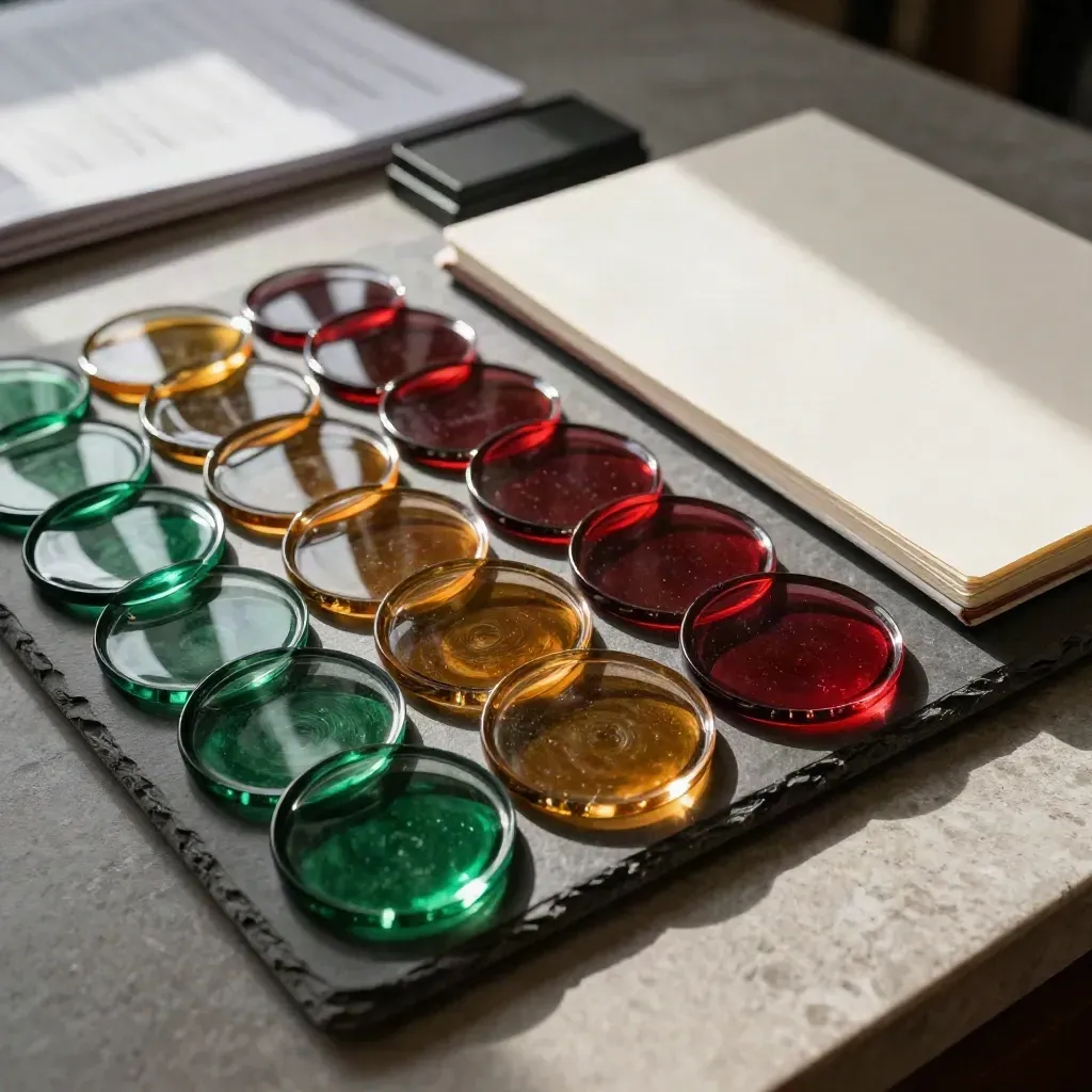 Overhead flat lay of glass CV screening discs beside a closed notebook and stamp pad on slate.