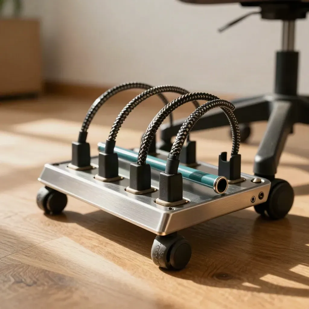 Macro of a flexible office hub with rolling chair casters, headset hooks and docking trays.