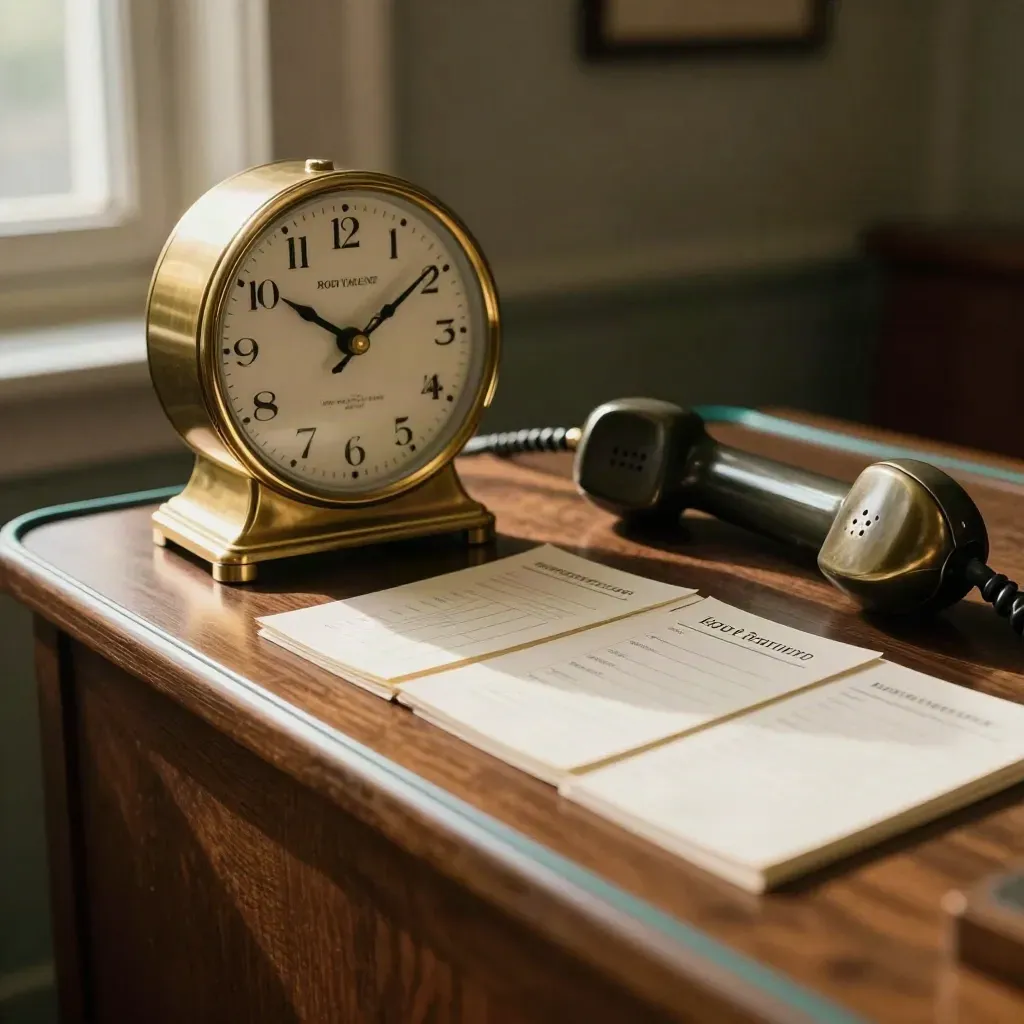 Brass clock, appointment cards and handset in a moody booking nook.