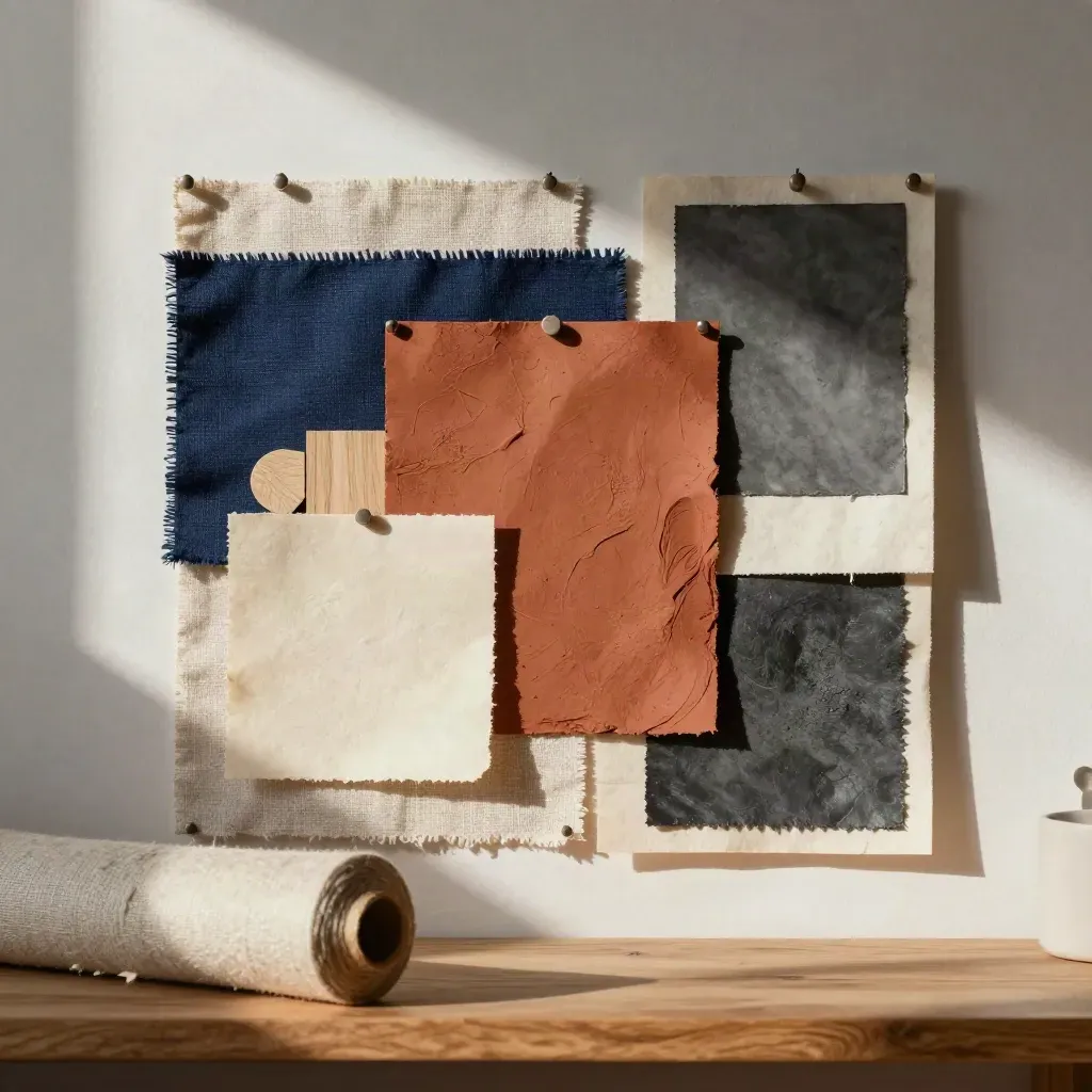 Textured employer-branding mood board with swatches, blank cards, and natural props in warm daylight.