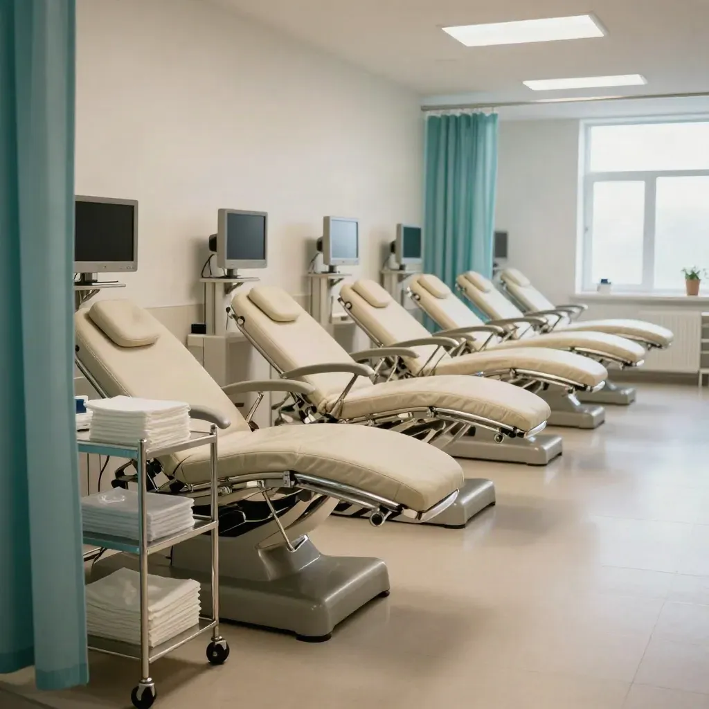 Clinic bay with twelve recliners, linen carts and turned monitors in warm window light.