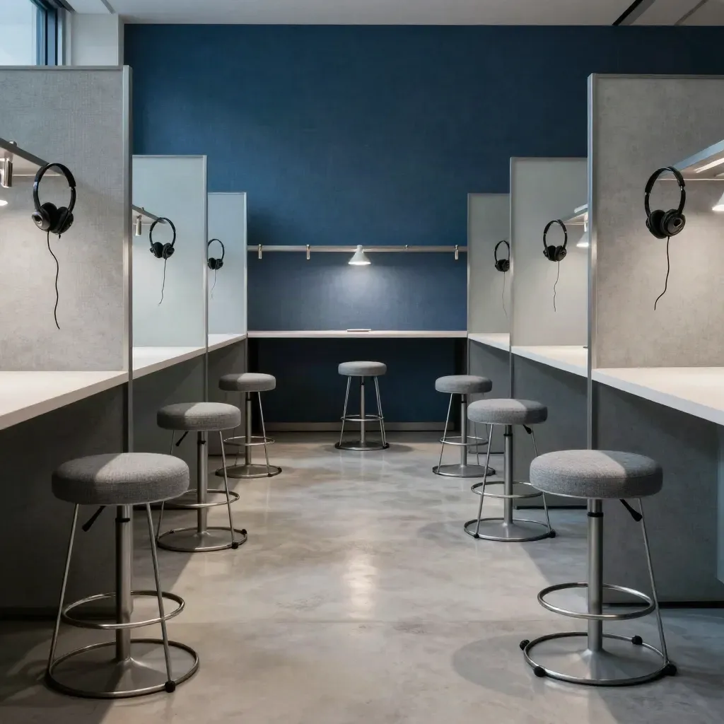 Empty SaaS sales floor with stools, headsets, glass partitions and glowing task lights