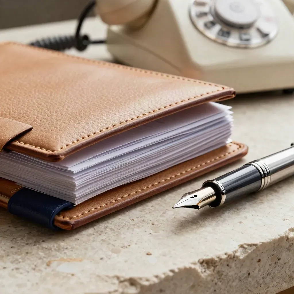 Macro still life of a leather portfolio, pen, cards, and desk phone on travertine stone.
