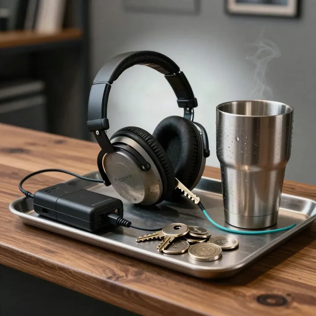 Rugged headset, charger, planner tokens and travel mug on a brushed tray with warm steam.
