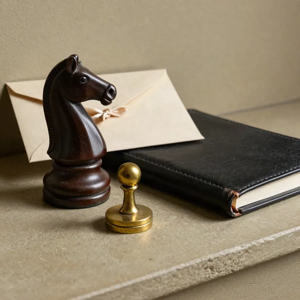 Chess knight, brass seal, leather notebook and tied envelope on a stone ledge.