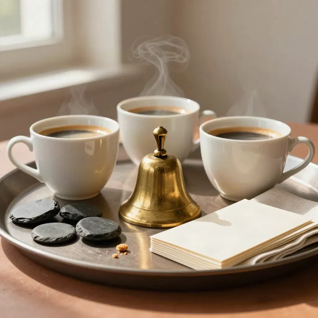 Polished service tray with coffee cups, brass bell, slate stones and cream cards on terracotta.