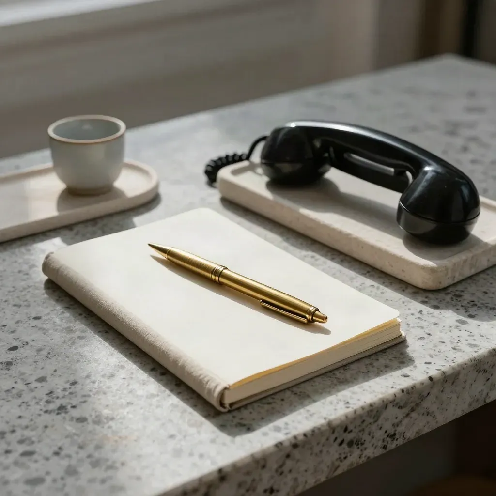 Charcoal notebook, brass pen, vintage handset and ceramic cup on a stone tray in soft daylight