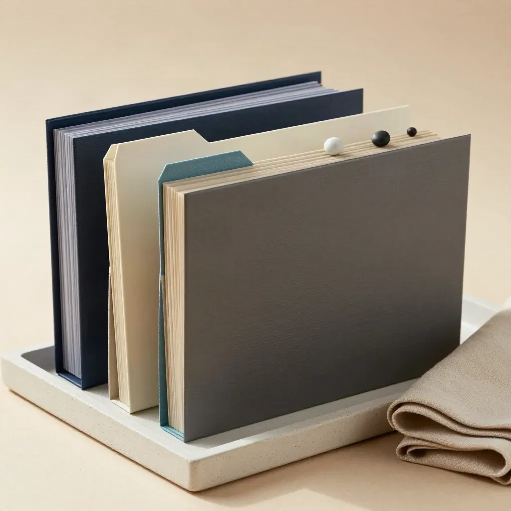 Clipped candidate folders on a concrete tray with a teal tab and folded cloth