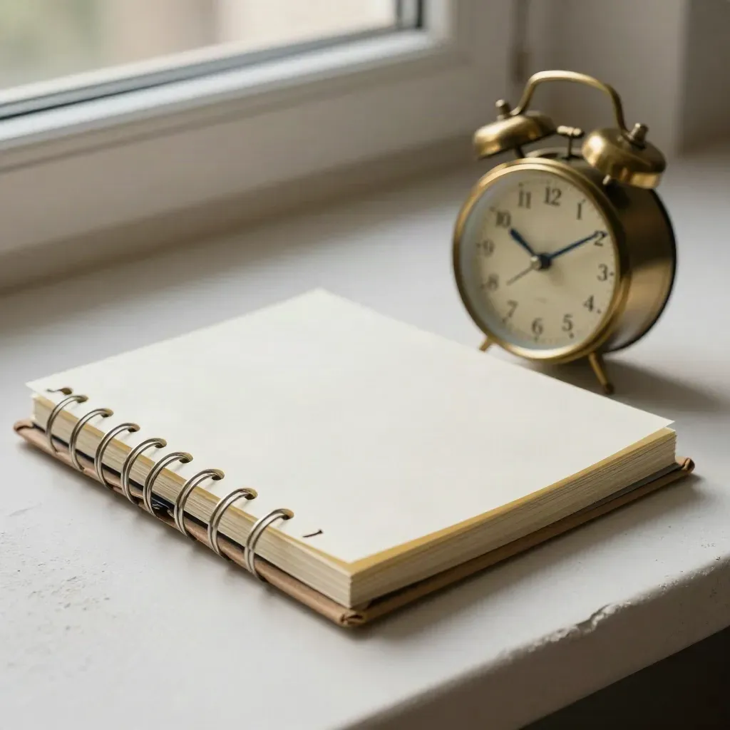 Brass clock beside a ring-bound organiser and navy appointment markers on pale plaster