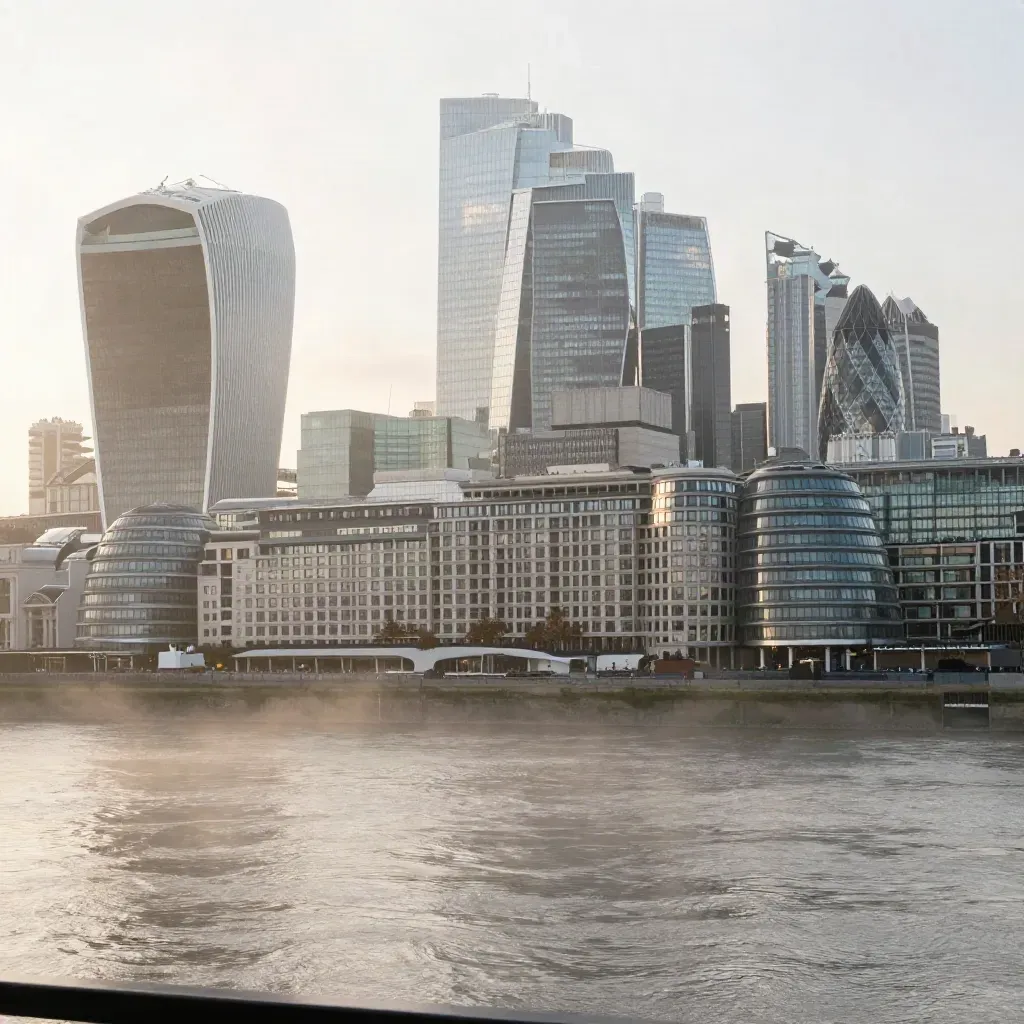 Sunrise Thames skyline with glass towers, limestone terraces, and calm misty water