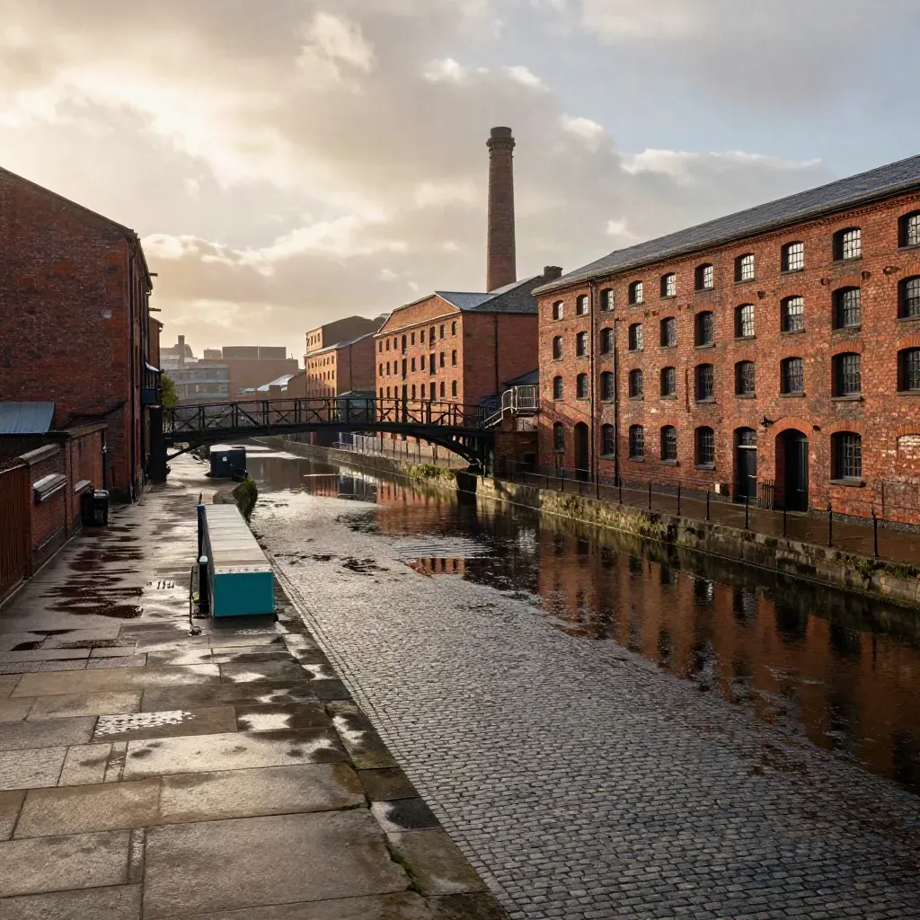 Manchester warehouses and canal bridges glowing after rain at golden hour