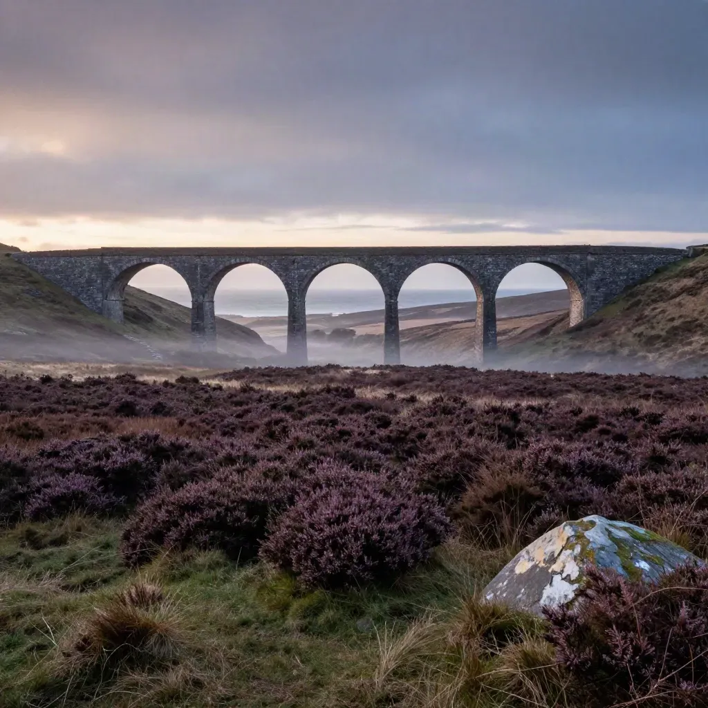 Misty heather moor with a stone viaduct high in frame at blue hour over open haze