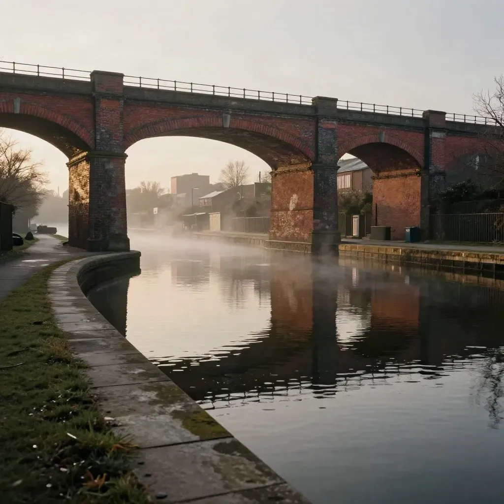 Birmingham canal basin, brick viaducts and skyline glowing through haze over calm water