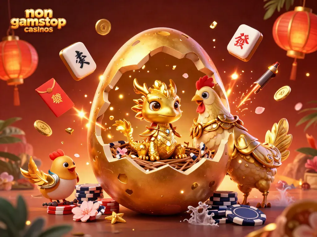 Explore non gamstop casinos with a dazzling illustration of a golden dragon amidst poker chips and festive decorations.