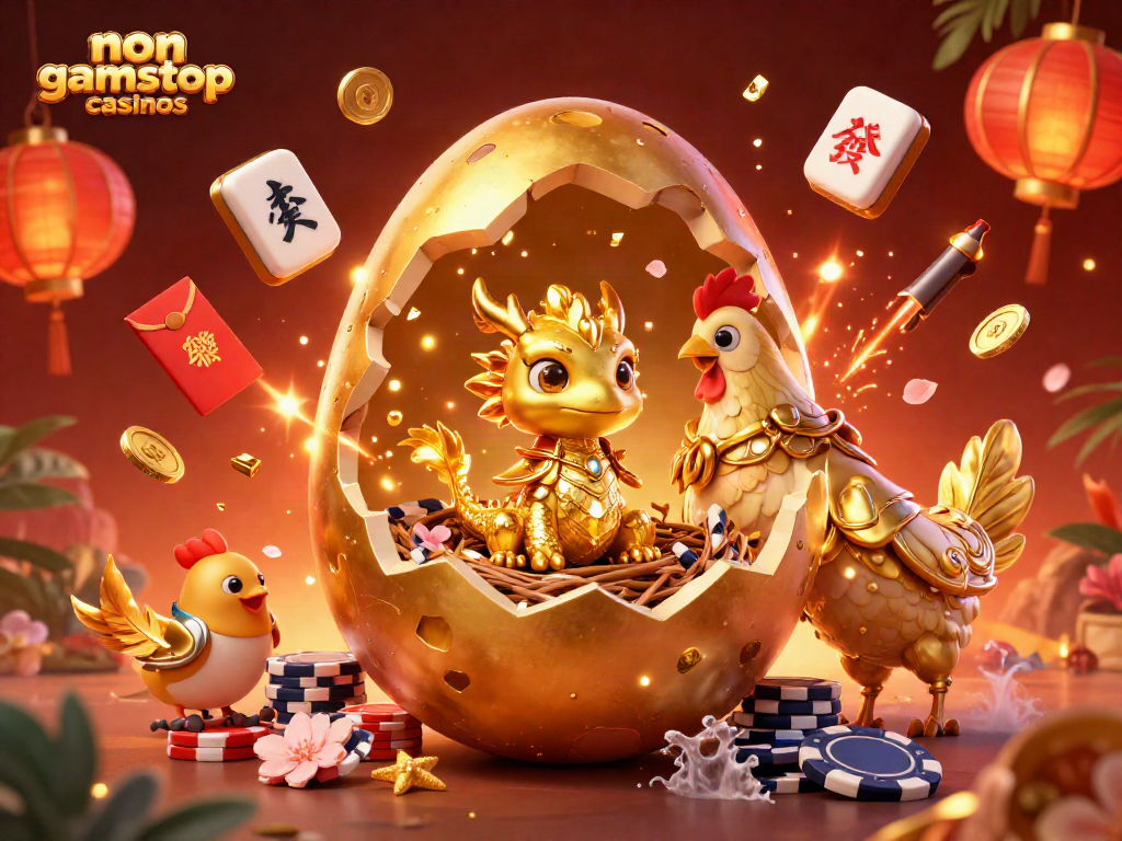 Explore non gamstop casinos with a dazzling illustration of a golden dragon amidst poker chips and festive decorations.