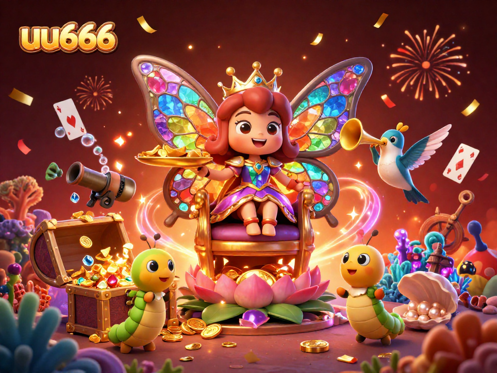 Experience excitement at uu666 with a 3D illustration of a butterfly queen and vibrant casino treasures.