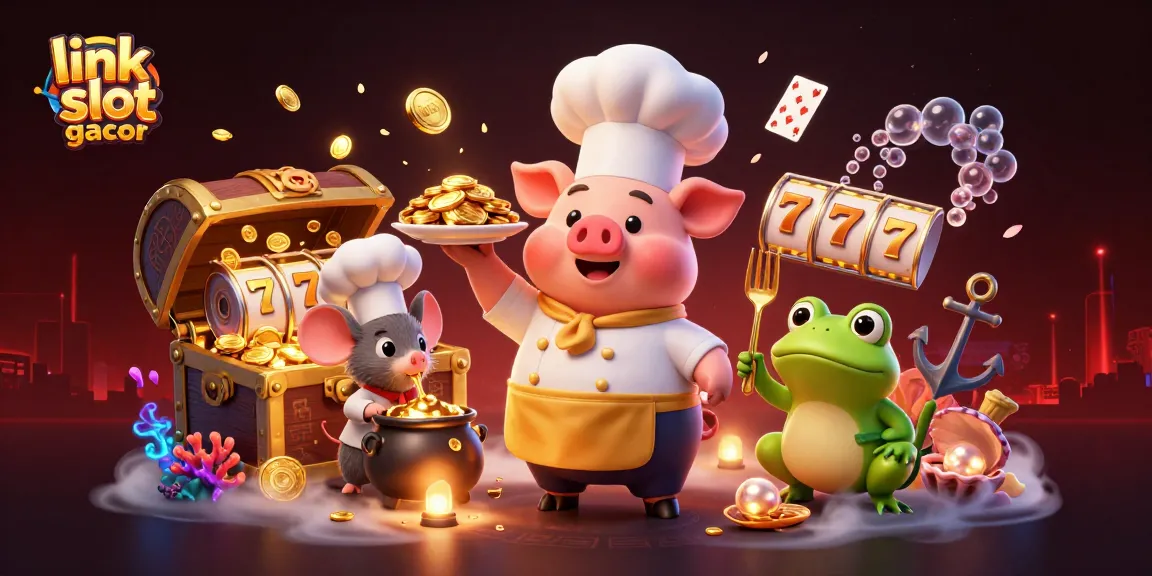 Experience excitement with link slot gacor, featuring a chef pig and gold coins in a vibrant casino scene.