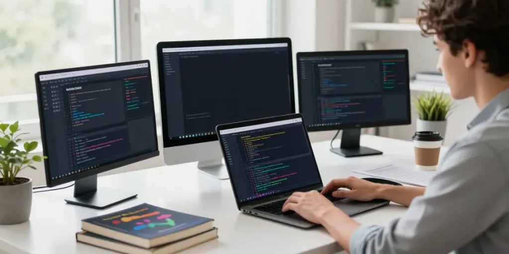 Developer coding in a digital workspace focusing on instant indexing.