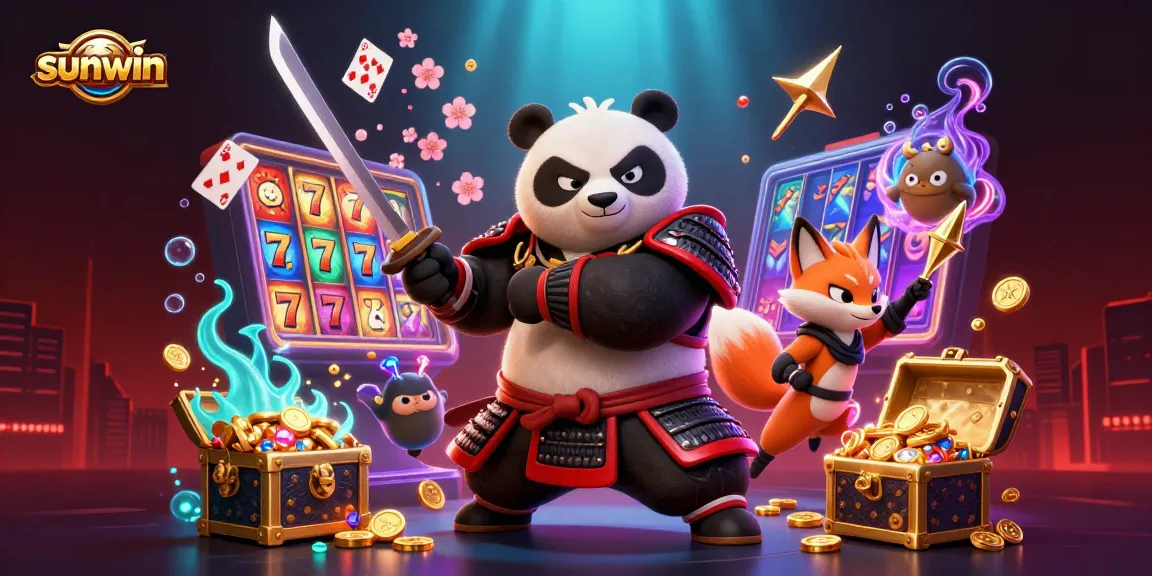 Engage with sunwin's thrilling gameplay featuring a samurai panda and ninja fox in an action-packed casino scene!
