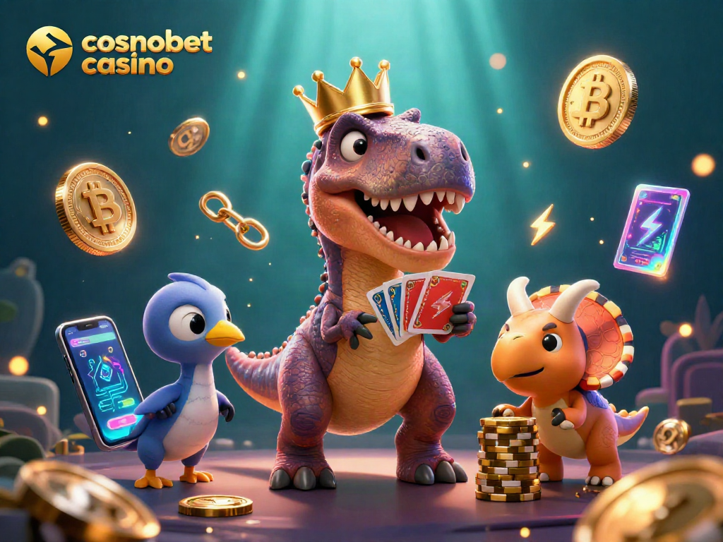 Experience excitement with cosmobet casino as T-Rex stacks cards and chips in a vibrant scene.