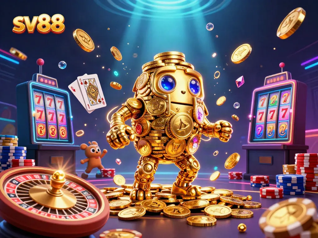 Win big with slot games featuring sv88's golden golem and vibrant casino elements.