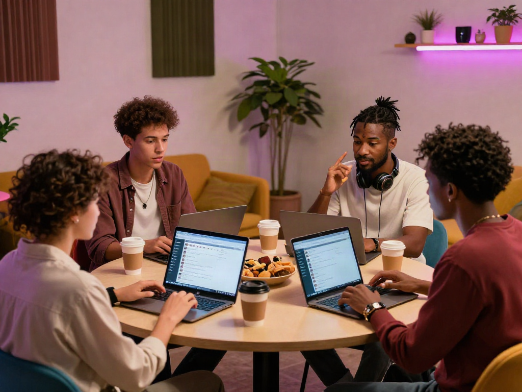 A diverse group discussing sexchat in a vibrant chat room, laptops open and snacks around.