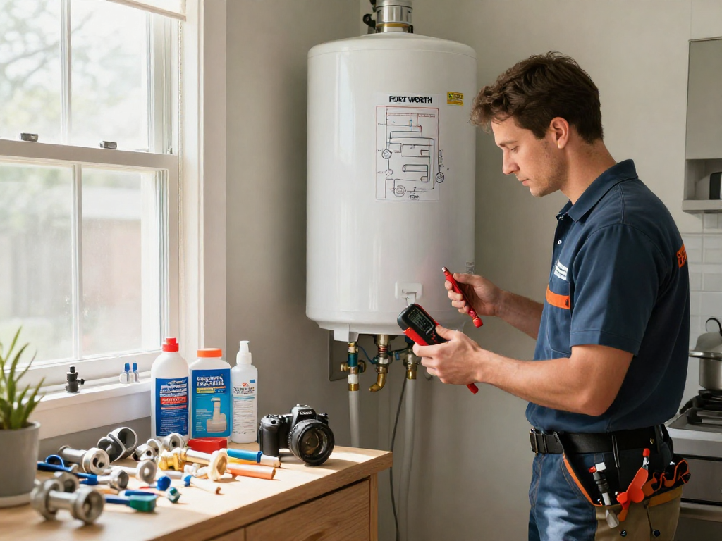 Expert plumber Fort Worth evaluating water heater installation, showcasing professional service atmosphere.