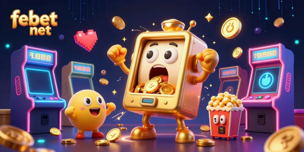 Experience the excitement of febet net with a dynamic slot machine jackpot scene filled with cheering characters and vibrant gaming elements.