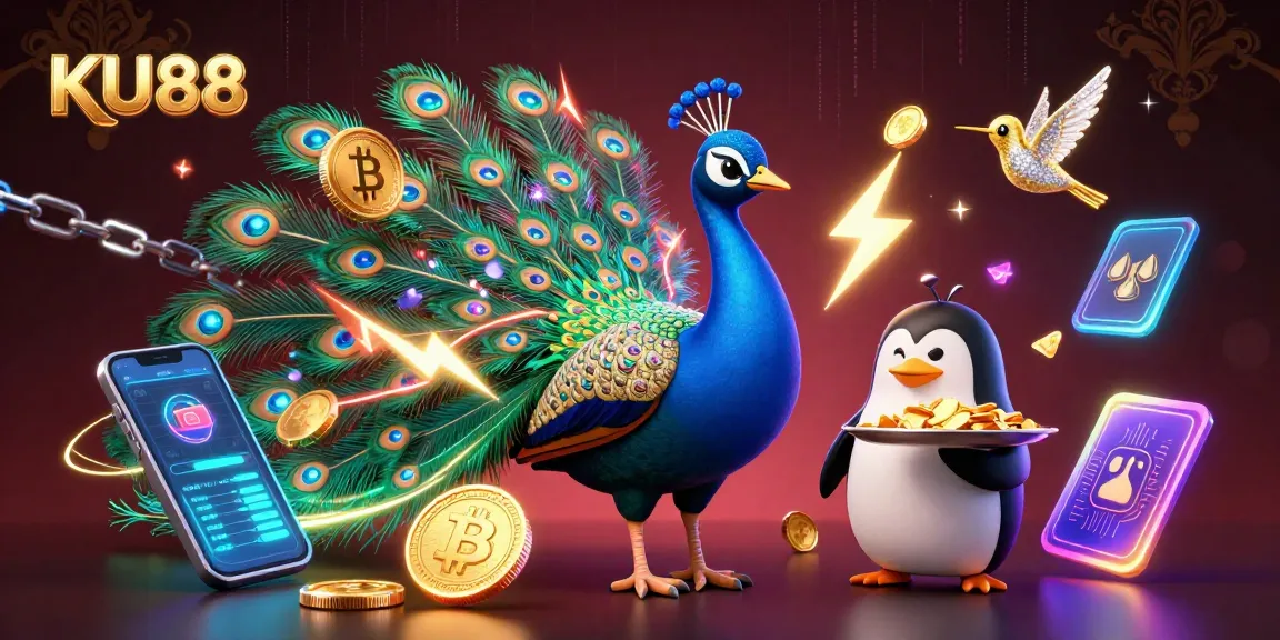 Engage with KU88's premier casino offerings illustrated through an opulent scene of characters and vibrant digital elements.