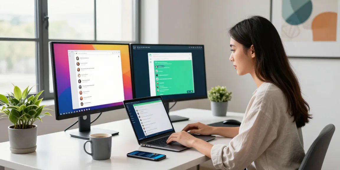 Young professional using WhatsApp網頁版 in a vibrant office setup, showcasing modern communication.