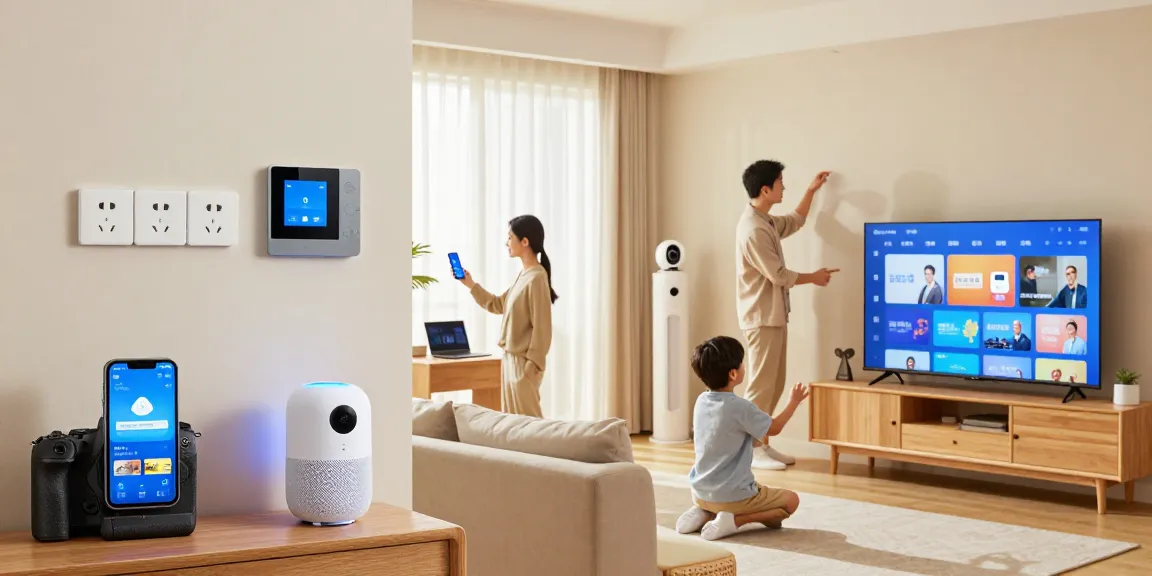 Family engaging with the best smart home gadgets 2026 in a modern living room, showcasing smart lights, speakers, and security devices.
